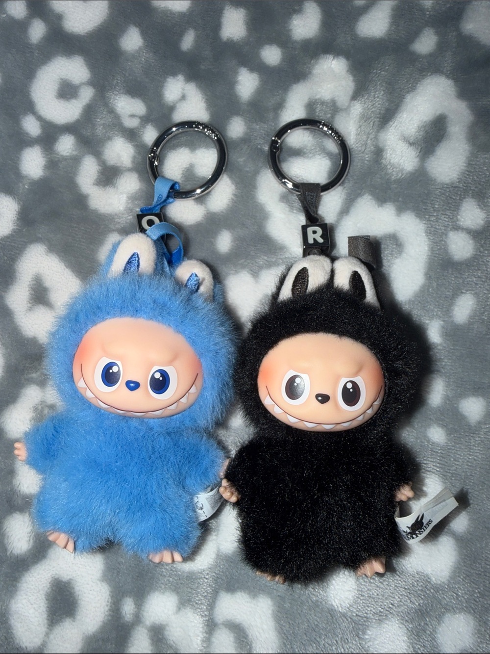 Cute Fuzzy Monster Keychain Pair - Blue & Black